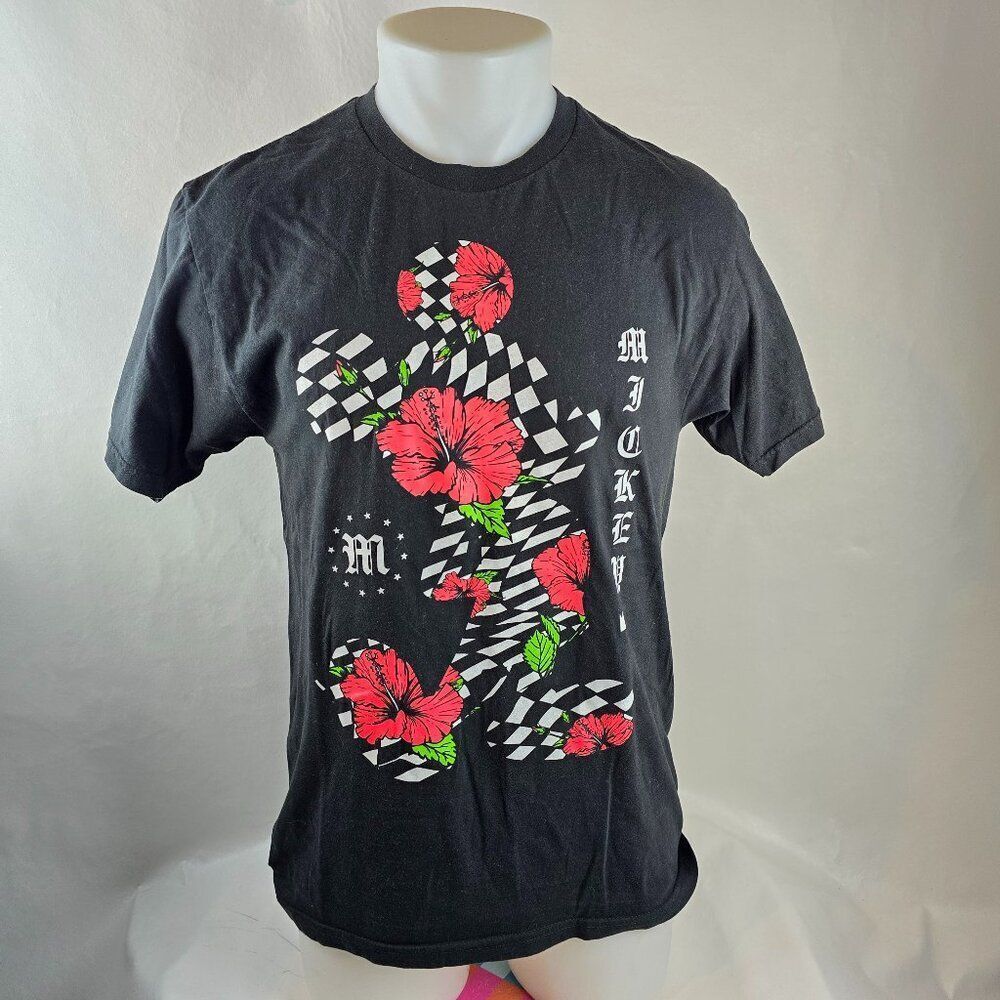 Disney x Neff T Shirt Mens Medium Black Mickey Mouse Checkered Floral Casual
